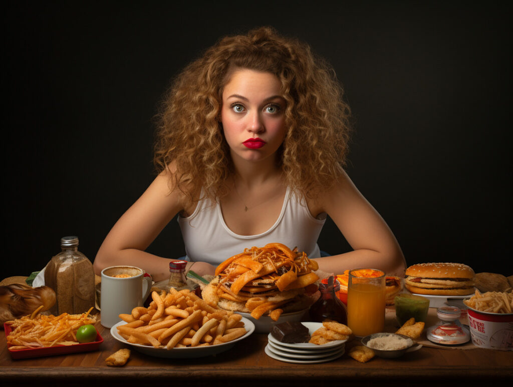 Femme devant un repas très riche en cholestérol