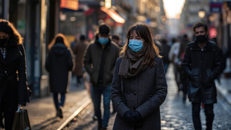 Jeune femme marchant dans une rue bondée tout en portant un masque de protection contre le variant JN.1 du Covid-19.