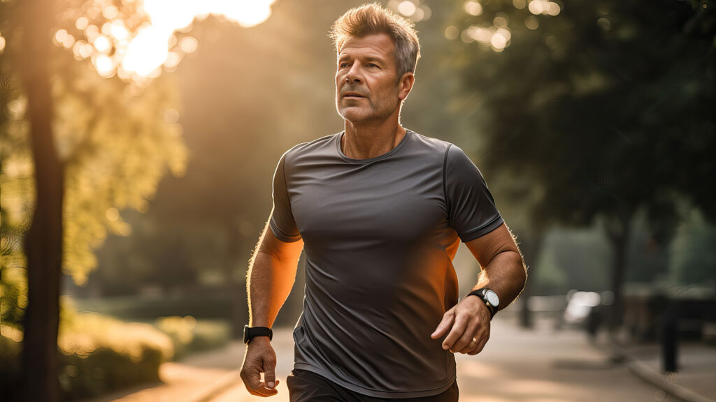 Homme senior faisant du jogging dans un parc au lever du soleil.