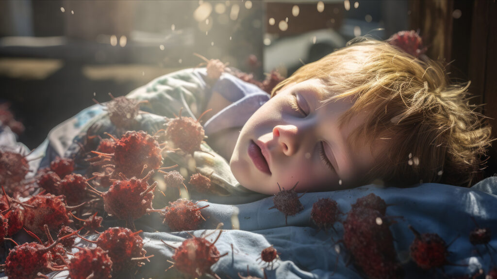 Un enfant endormi avec des virus de la rougeole illustrés autour de lui.