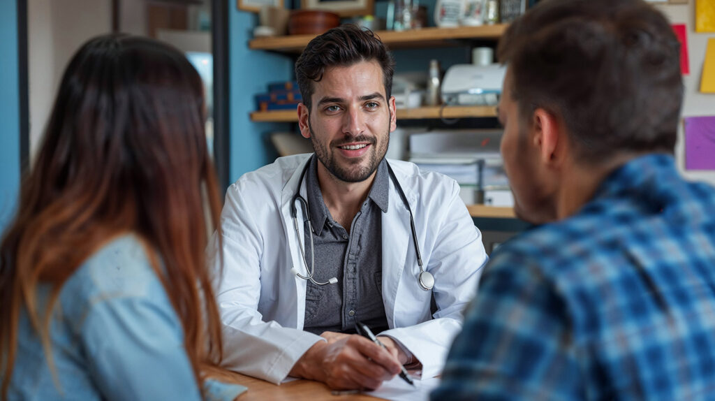 Médecin consultant un couple dans son bureau