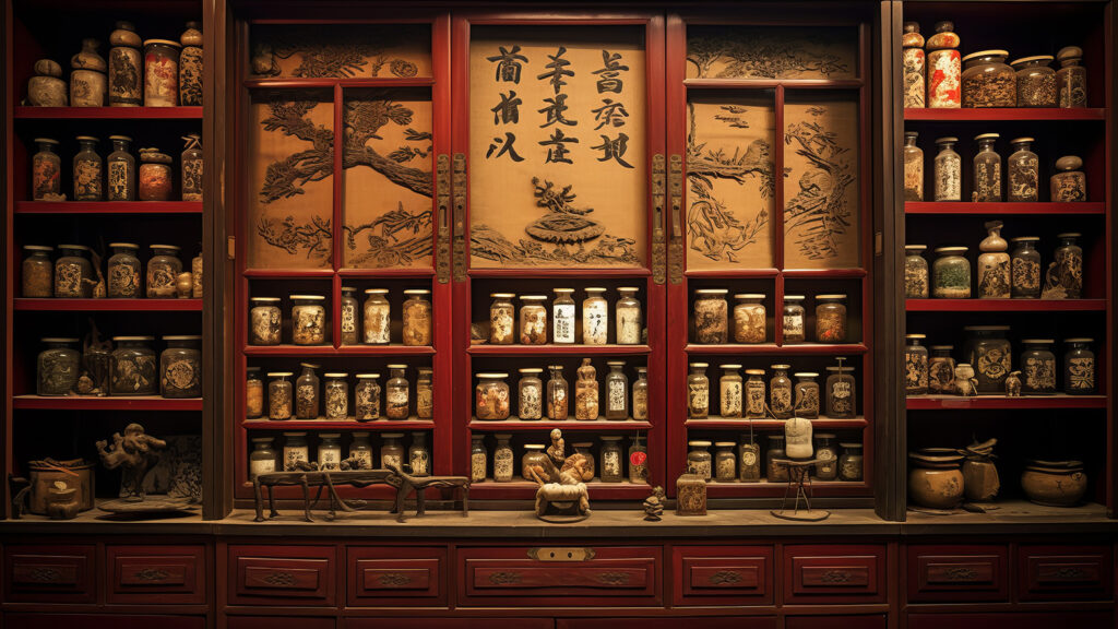 Intérieur d'une pharmacie traditionnelle chinoise avec des étagères remplies de pots médicinaux.