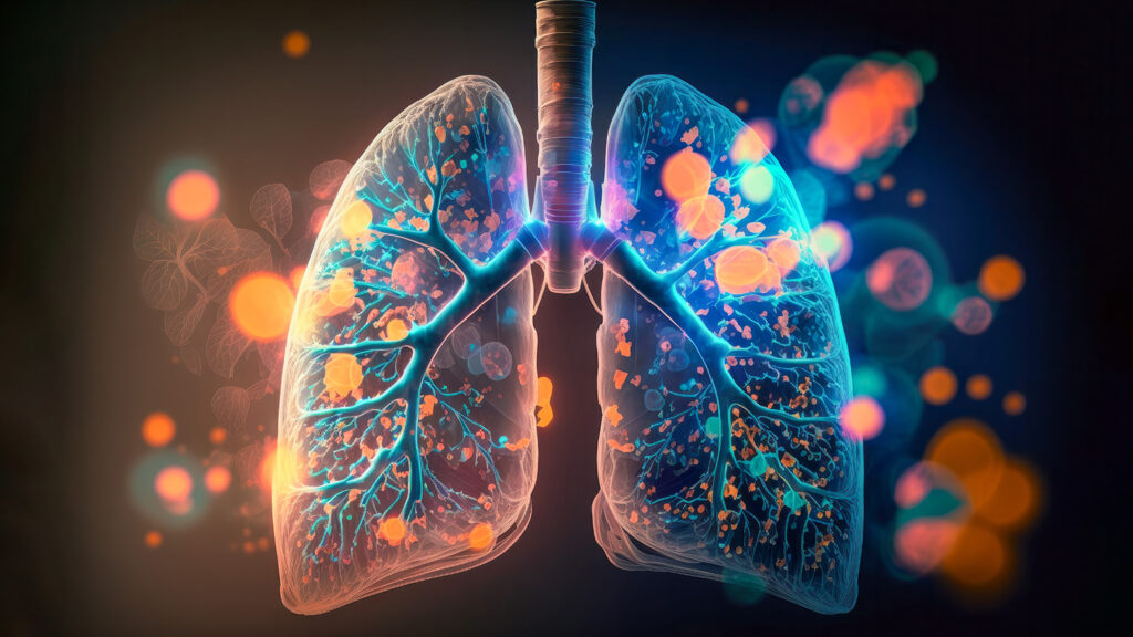 Illustration numérique des poumons humains avec une inflammation éosinophilique représentative de l'asthme.