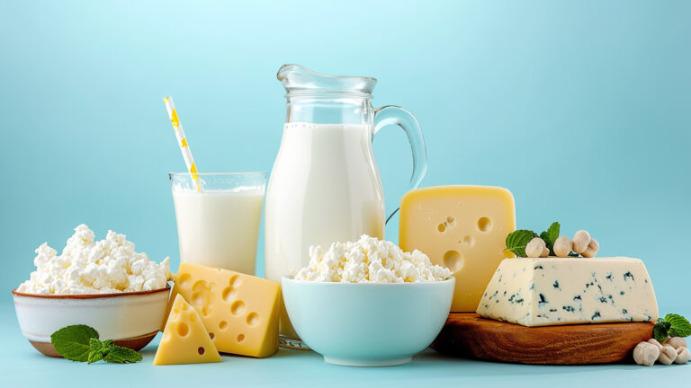 Variété de produits laitiers incluant lait, fromages et yaourt sur fond bleu.