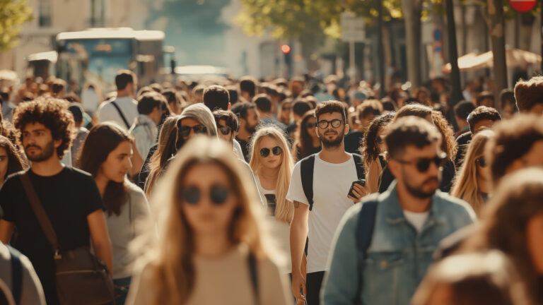 Une foule dense marchant dans une rue en été, soulignant le risque de transmission du COVID-19.