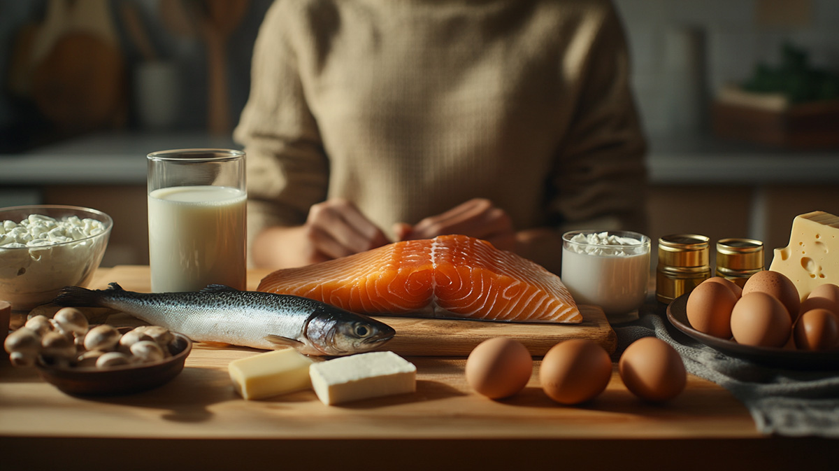 Aliments riches en vitamine D, comprenant du saumon, du lait, des œufs, du fromage et des champignons, disposés sur une table en bois.