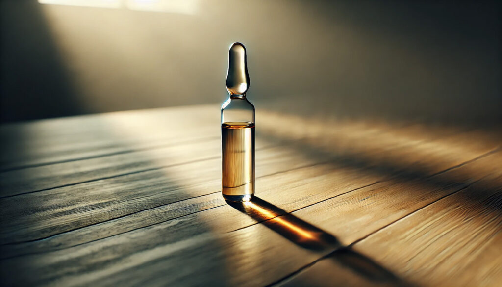 Ampoule buvable de vitamine D posée sur une table en bois, éclairée par une lumière naturelle.