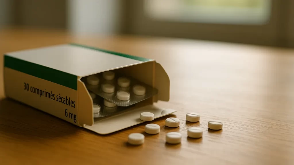 Boîte de comprimés sécables de 6 mg sur une table.