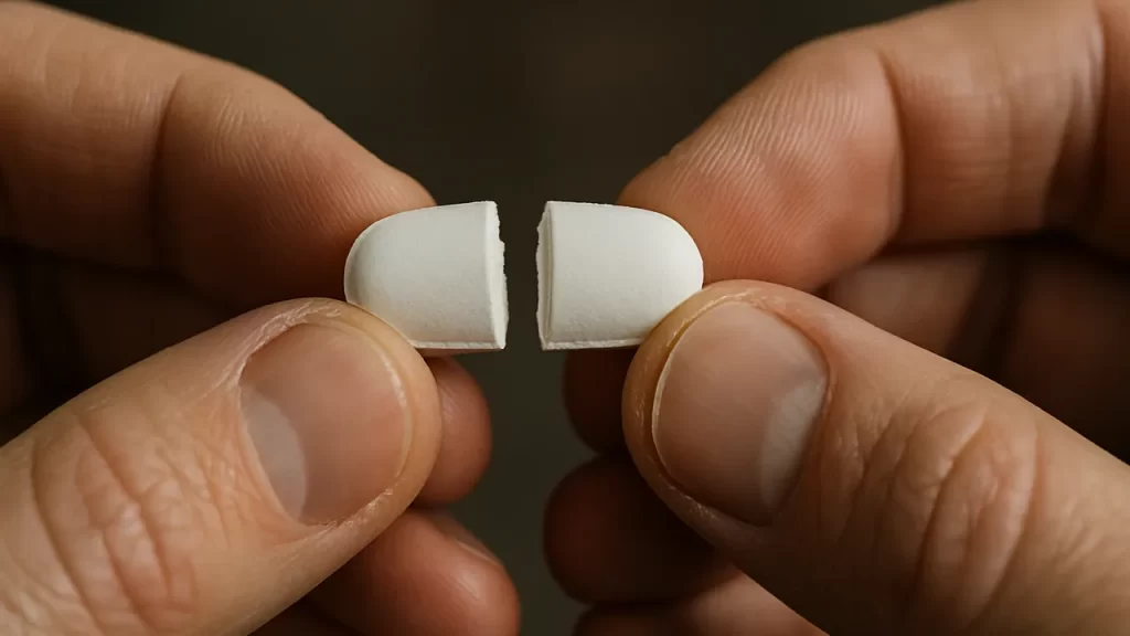 Deux mains tenant une moitié de comprimé blanc cassé.