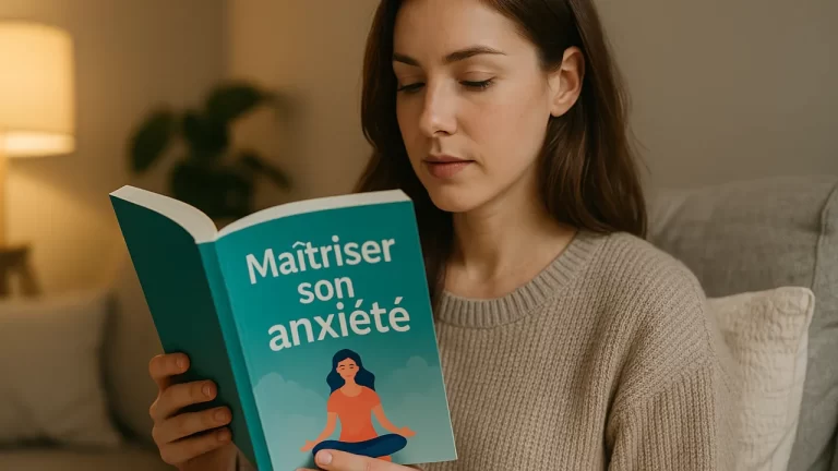 Une femme lit un livre intitulé 'Maîtriser son anxiété' assise dans un salon.