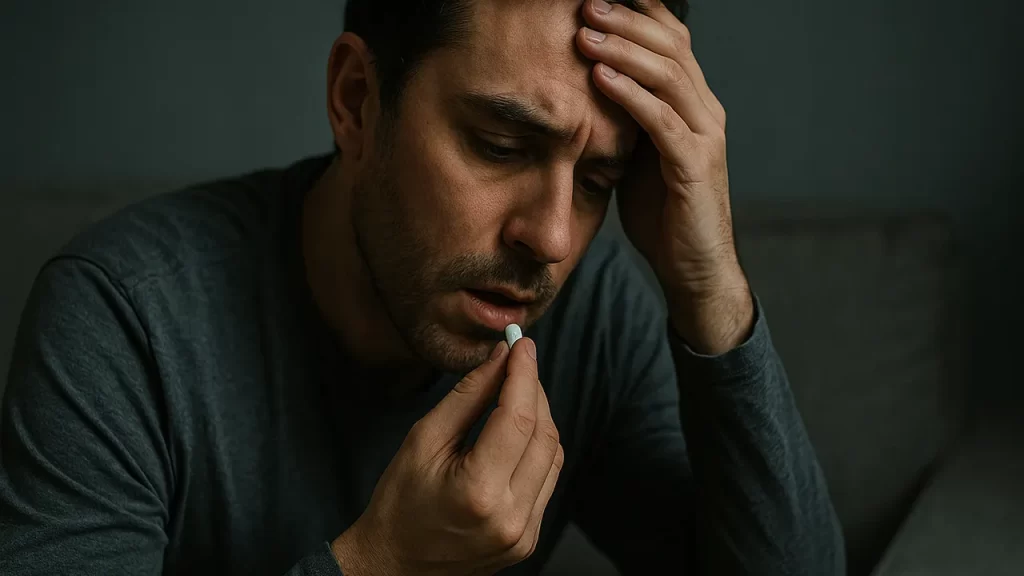 Homme anxieux tenant un comprimé, main sur la tête.