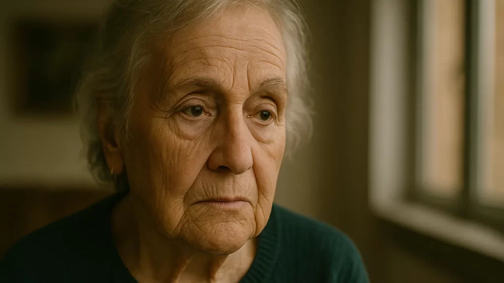 Portrait d'une personne âgée regardant pensivement par la fenêtre.