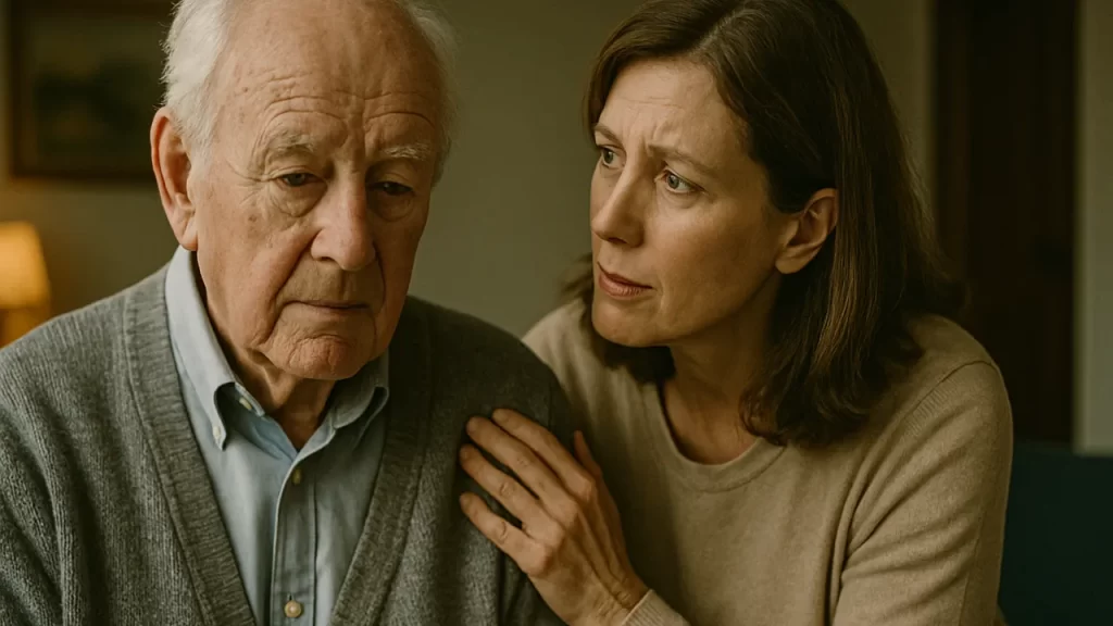 Un homme âgé assis avec une expression de tristesse, une femme à ses côtés le réconforte en posant une main sur son épaule.