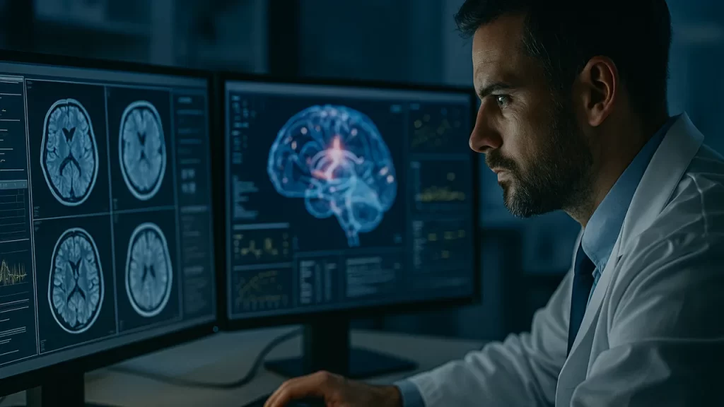 Scientifique analysant des images cérébrales sur des écrans d'ordinateur.