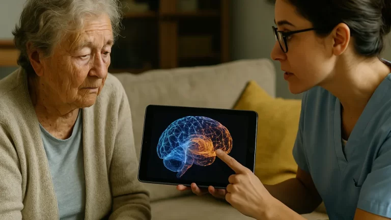 Un médecin explique le fonctionnement du cerveau à une personne âgée à l'aide d'une tablette.