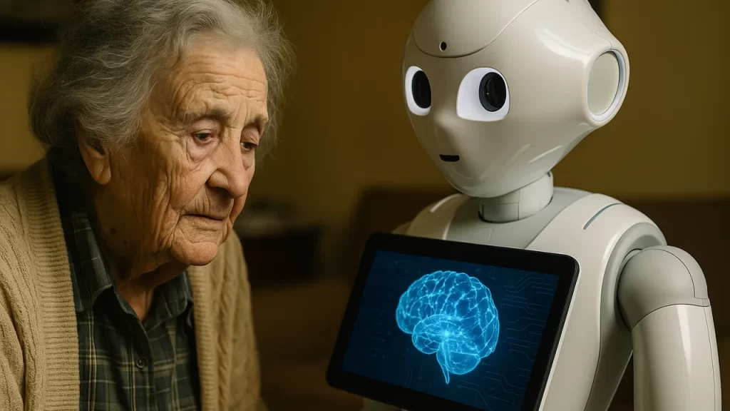 Une personne âgée avec un robot affichant un cerveau sur un écran.