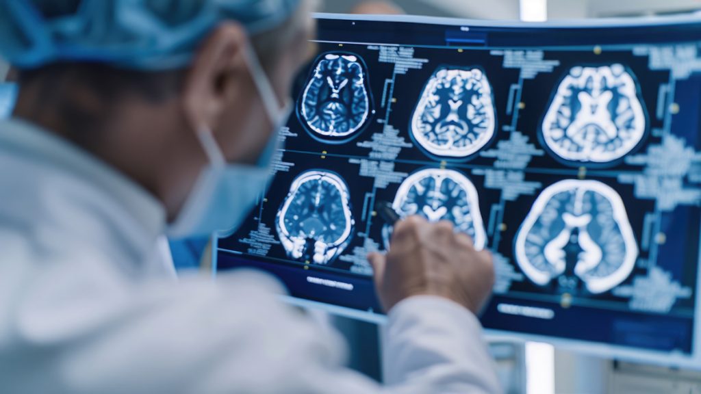 Un neurologue examinant des scans cérébraux numériques sur un écran.