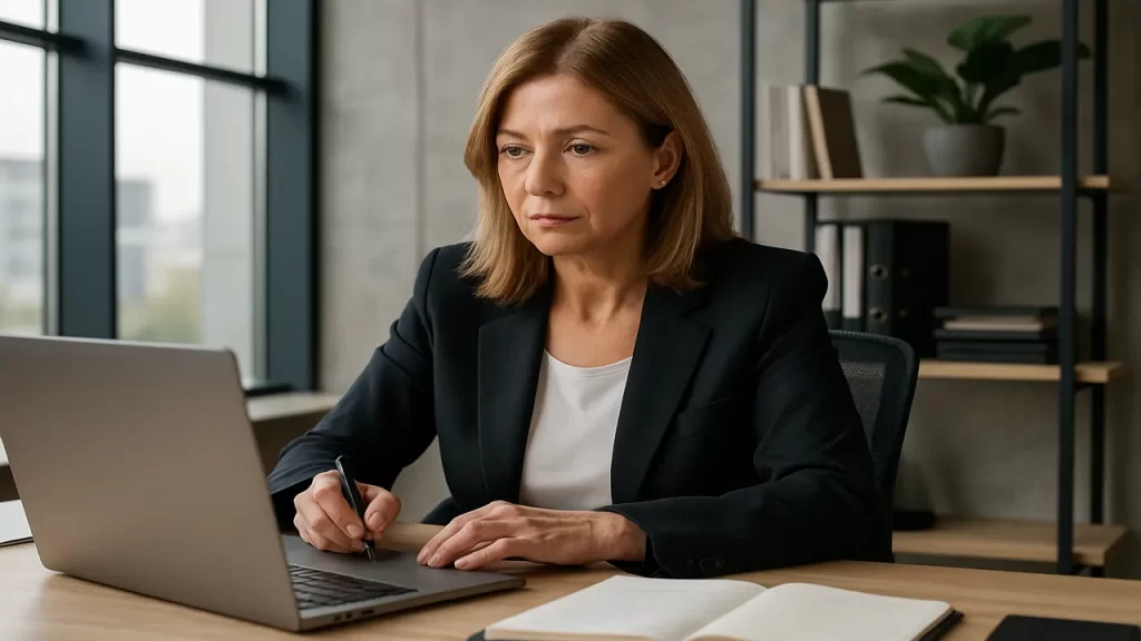 Femme mature travaillant concentrée devant un ordinateur portable dans un bureau moderne.