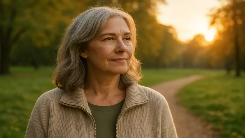 Femme mature profitant d'une promenade au parc au coucher du soleil.