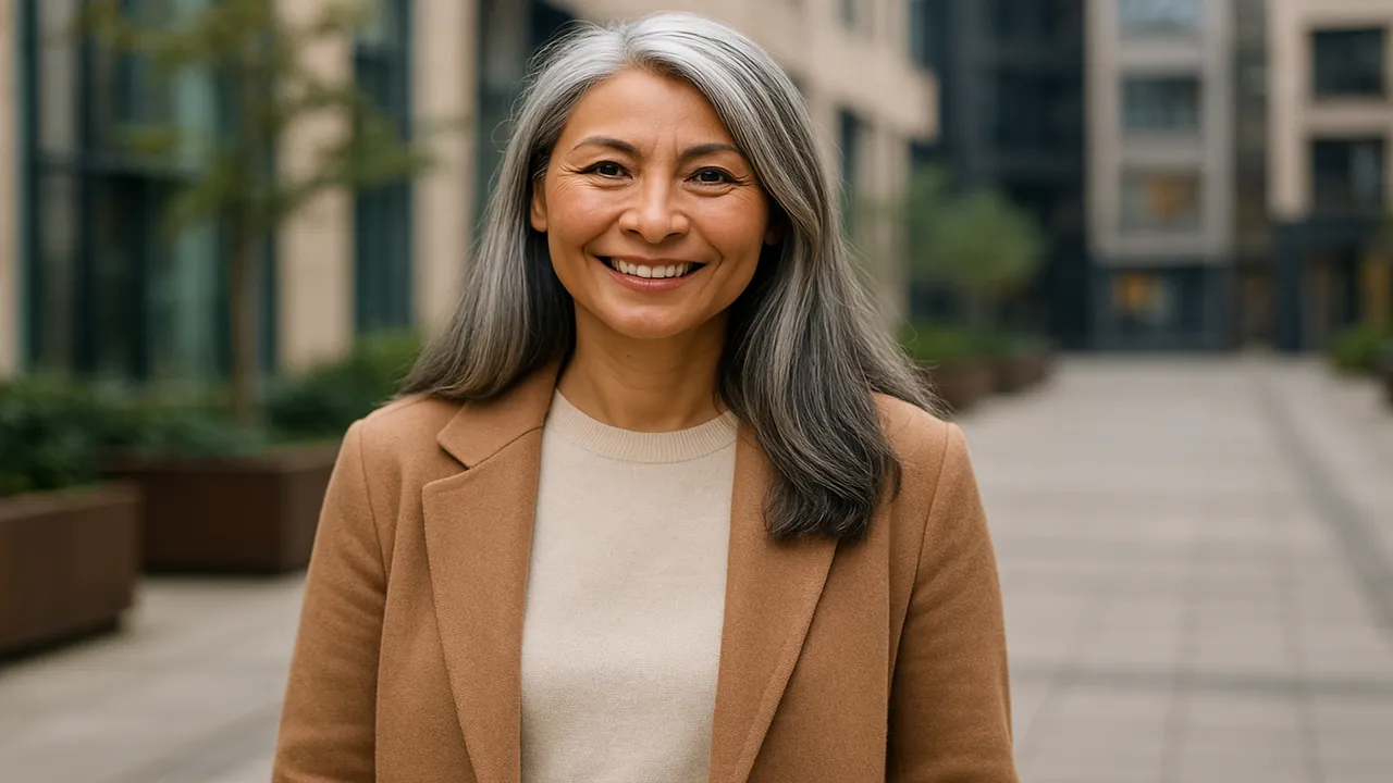 Femme souriante avec des cheveux gris dans un cadre urbain.