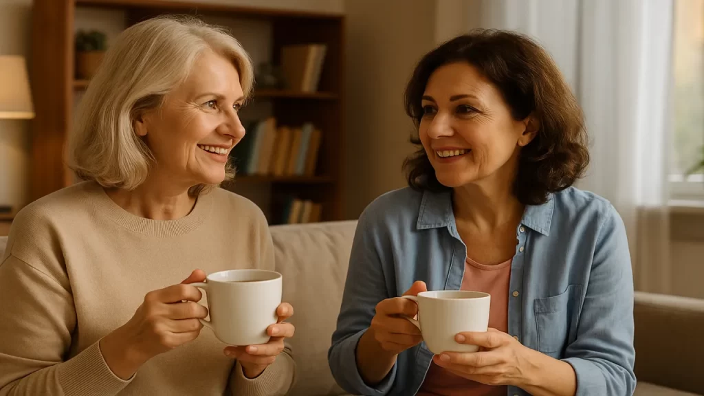 Deux femmes souriantes tenant des tasses de tisane, assises dans un salon cosy.