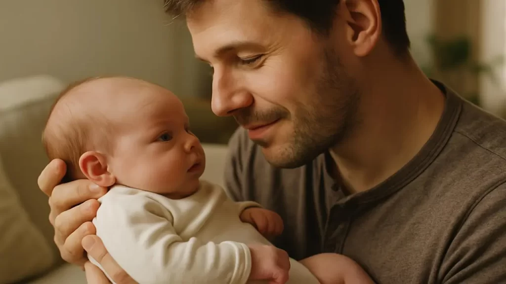 Un parent tenant son nouveau-né dans les bras, échangeant un regard tendre.