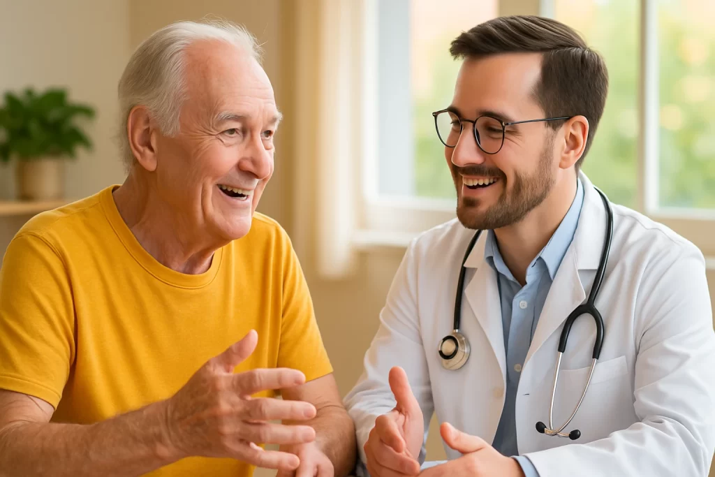 Un patient âgé en consultation souriante avec un médecin dans un cadre lumineux.