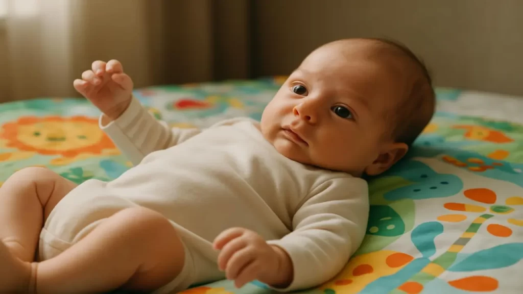 Un bébé allongé sur un tapis coloré, regardant calmement vers le haut.