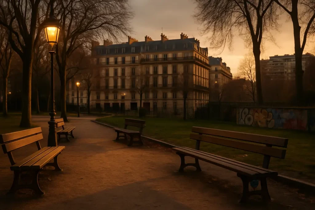 Un parc urbain au crépuscule avec des bancs, des lampadaires allumés et des immeubles en arrière-plan.