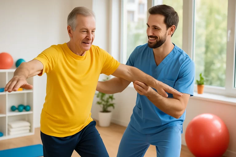 Un patient senior effectuant des exercices de kinésithérapie assisté par un professionnel de santé.