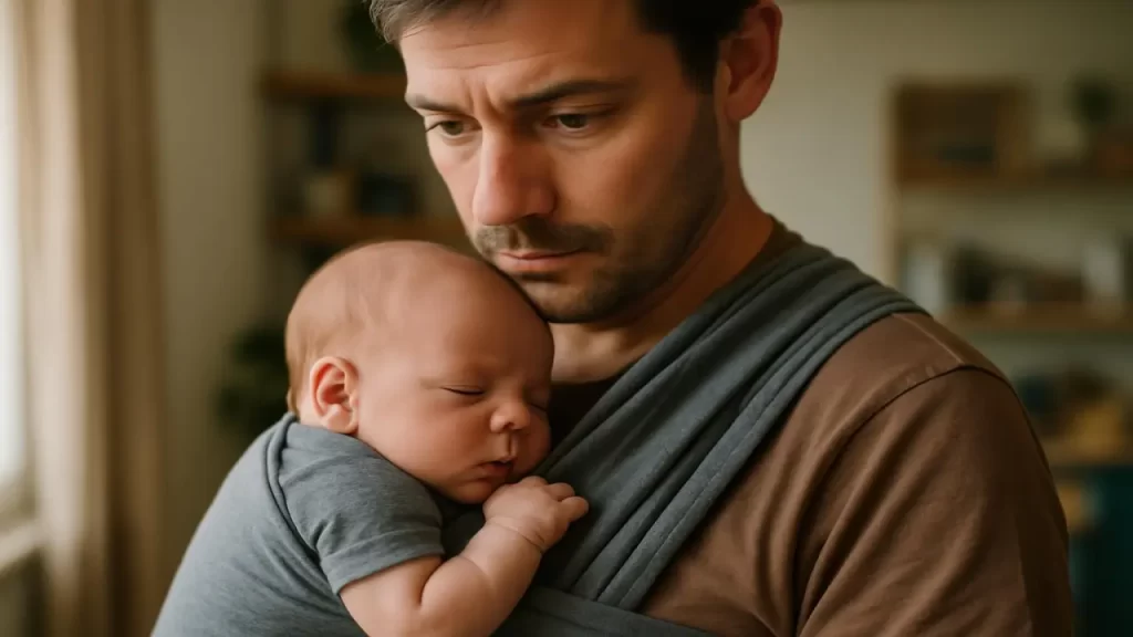 Un père portant son bébé endormi en écharpe.
