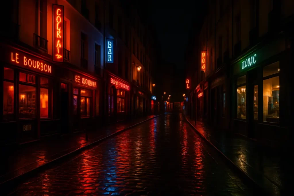 Rue nocturne éclairée par des néons colorés avec des reflets sur le pavé humide.