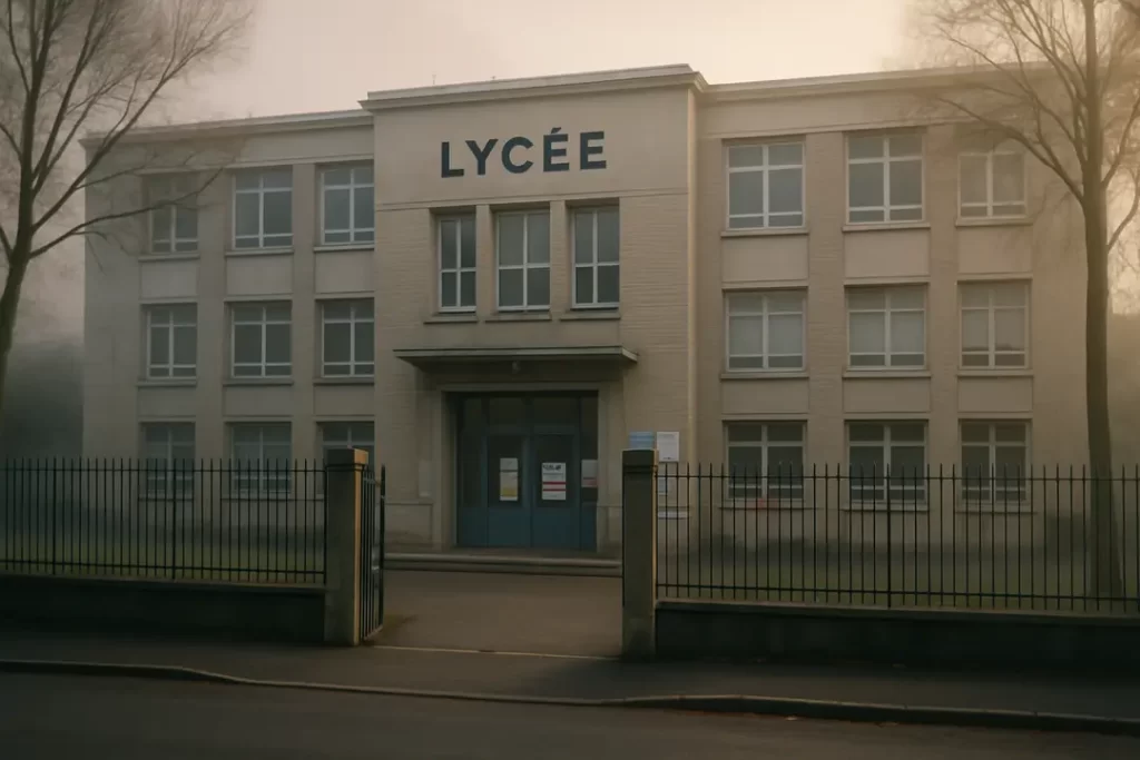 Entrée d'un lycée avec une façade en briques et des fenêtres alignées.