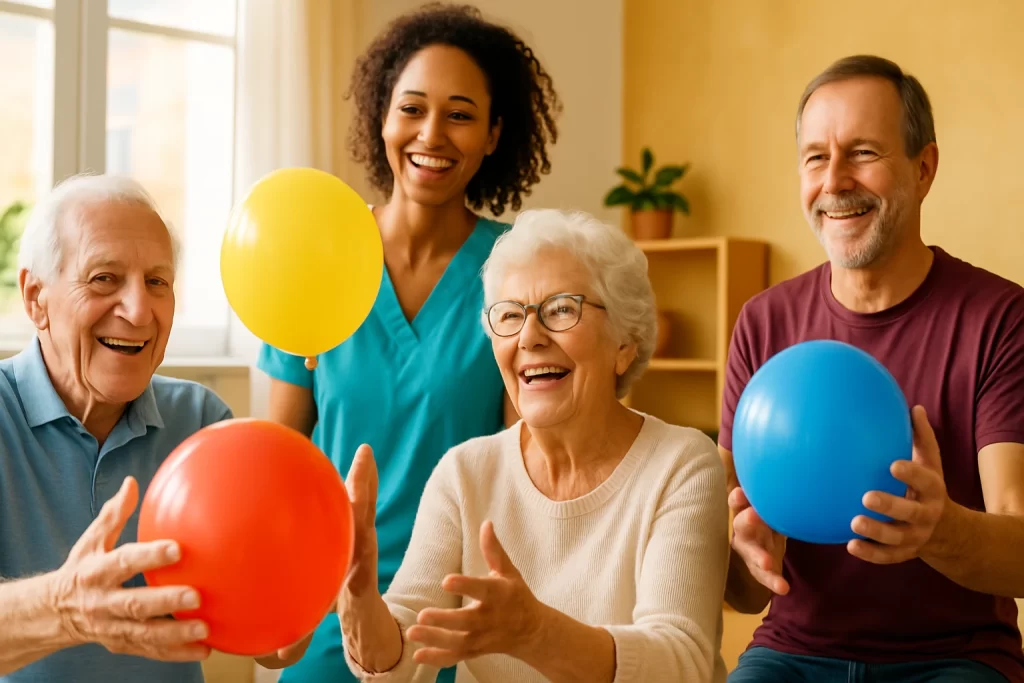 Personnes seniors actives jouant avec des ballons sous la supervision d'une soignante.