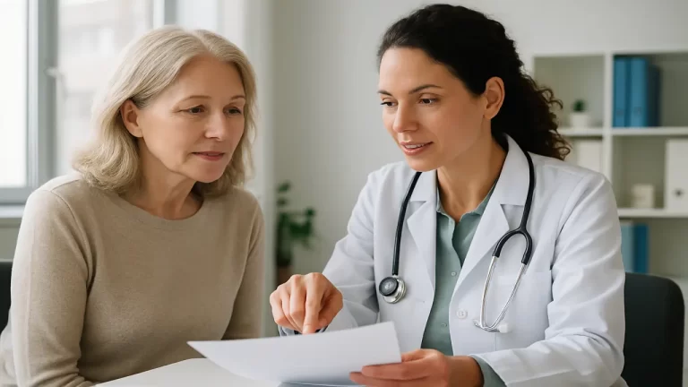 Une femme parlant avec une médecin dans un bureau.