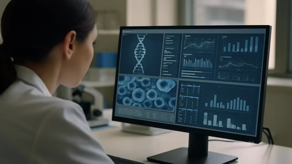 Scientifique analysant des données sur un écran d'ordinateur en laboratoire.