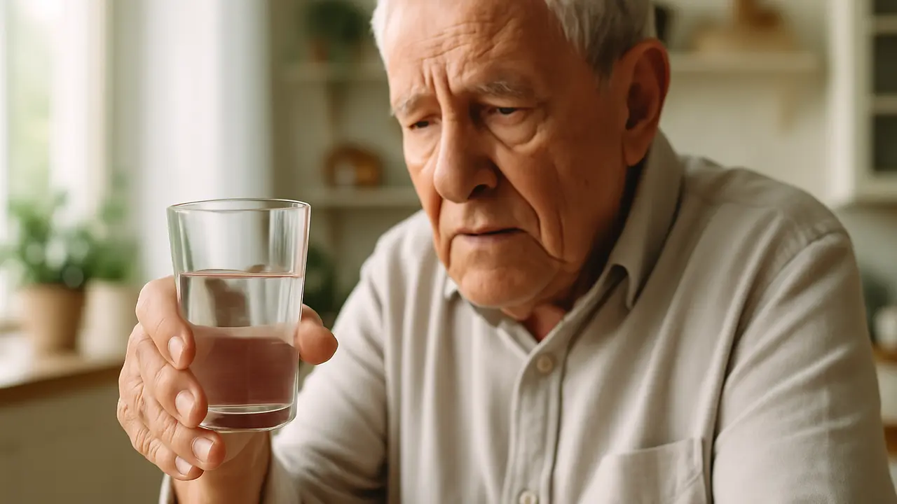 une main qui tremble pren un verre d'eau