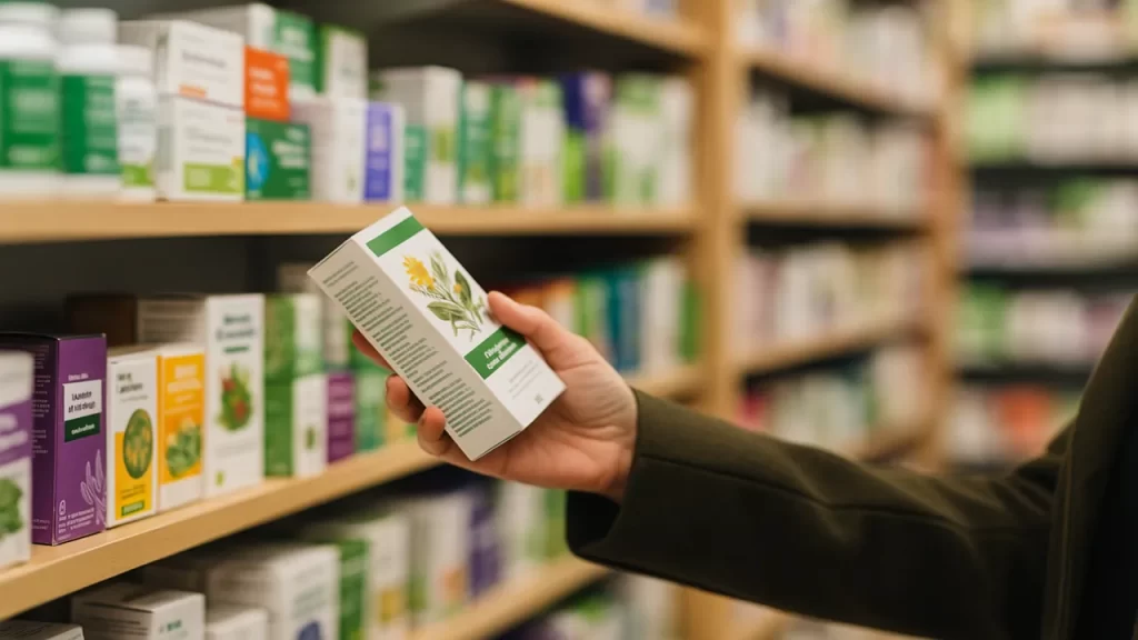 Personne tenant une boîte de compléments alimentaires dans un rayon de produits naturels.