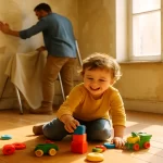 Un enfant joue avec des jouets colorés sur le sol d'une pièce ancienne avec des murs dégradés, un adulte prépare le mur pour des travaux.
