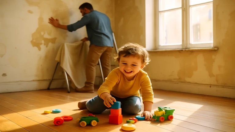 Un enfant joue avec des jouets colorés sur le sol d'une pièce ancienne avec des murs dégradés, un adulte prépare le mur pour des travaux.