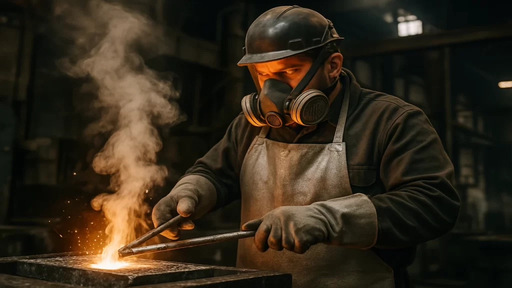 Ouvrier dans une fonderie portant un masque de protection et un tablier, manipulant du métal en fusion.