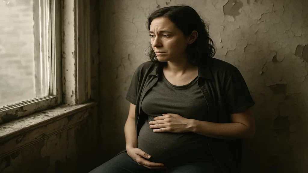Femme enceinte assise près d'une fenêtre dans un logement à la peinture écaillée.