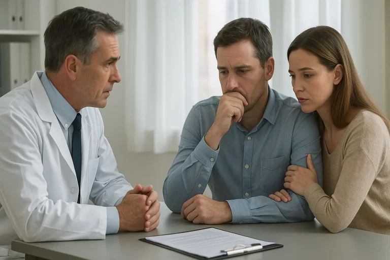Un médecin en consultation avec un couple dans un bureau.