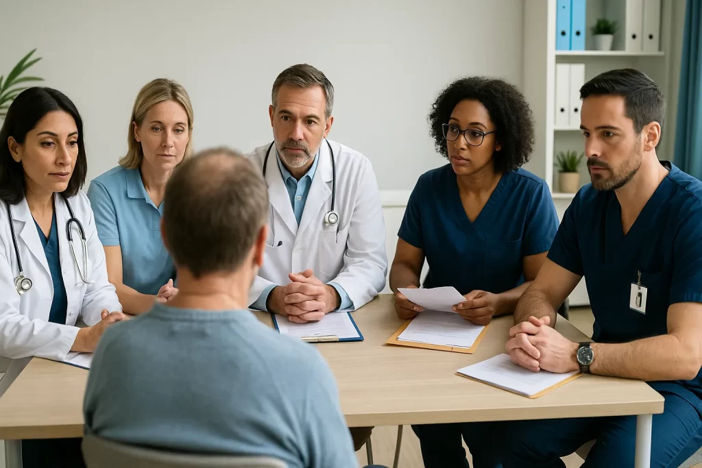 Équipe médicale en concertation avec un patient lors d'une réunion.