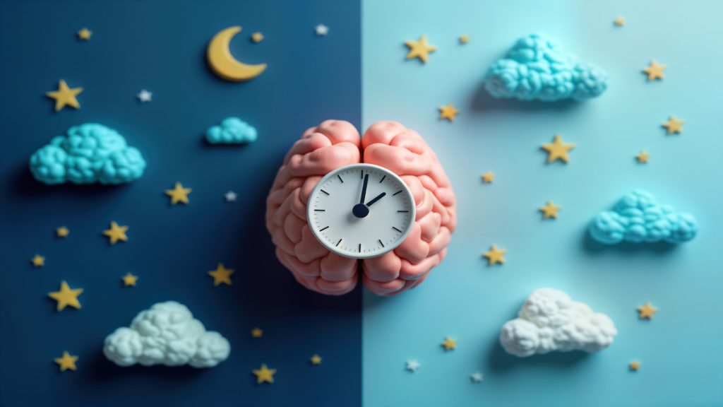 Modèle de cerveau avec une horloge, illustrant les rythmes circadiens avec des symboles de jour et de nuit.