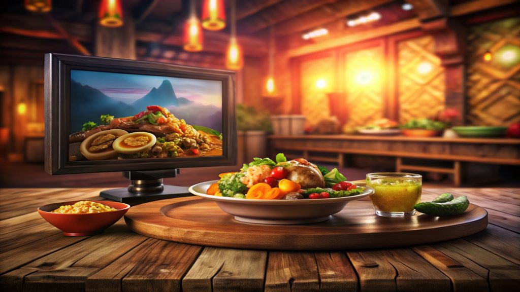 Un dîner délicieux posé devant un écran de télévision éteint.