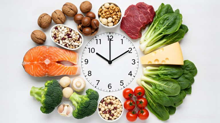 Horloge entourée de divers aliments sains représentant le concept de jeûne intermittent.