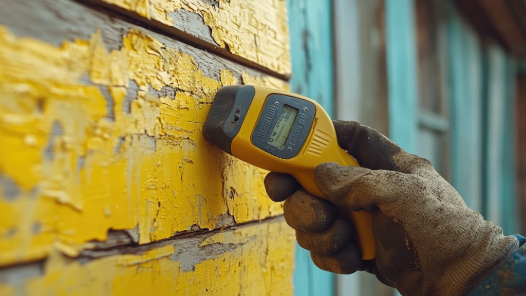 Détecteur de peinture au plomb utilisé sur un mur en bois ancien recouvert de peinture écaillée jaune.