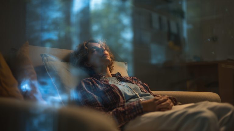 Une personne allongée sur un canapé, les yeux fermés, avec des effets de lumière flous et bleutés autour.