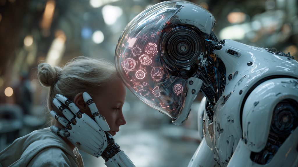 Un robot humanoïde interagit de manière bienveillante avec un enfant, symbolisant l'intelligence émotionnelle artificielle.